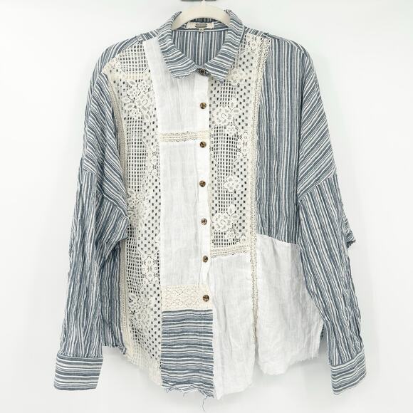 Gimmicks BKE Womens Boho Coastal Striped Lace Long Sleeve Button Up Shirt Size M - Picture 2 of 8